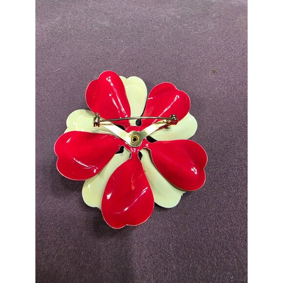 Vintage Red & Cream Enamel Flower Pin Brooch With Blue Accents - Retro Jewelry A - Picture 3 of 3